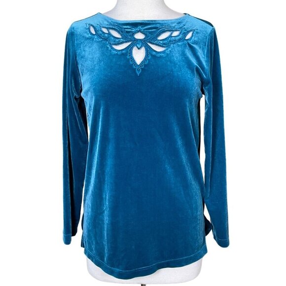 Bob Mackie Wearable Art Teal Velvet LS Vintage Top Beaded Cutwork Neckline XS - Picture 1 of 7